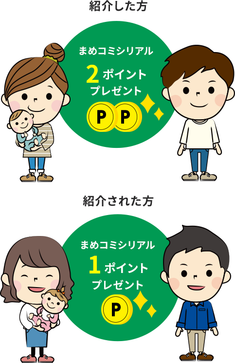 紹介した方:まめコミシリアル2ポイントプレゼント。紹介される方:まめコミシリアル1ポイントプレゼント